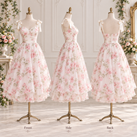 Robe midi personnalisée pour femme en organza à imprimé floral, avec bretelles à nœud, col incurvé, jupe superposée froncée, coupe trapèze, pour occasions spéciales