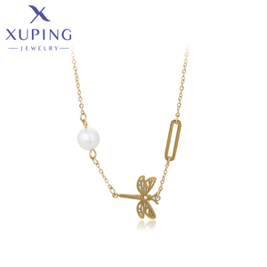 T000681770Xupingjewelrycuteファッションデザインセンスパールプラストンボの形プラス長方形の要素14Kゴールドネックレス