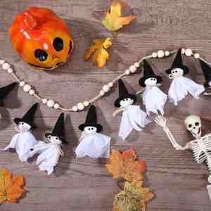 For Wall Haunted House Party <b>Garland</b> Witch Hat Ghost With Wooden Beads <b>Halloween</b> Banner Decor - Product Image 1