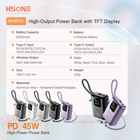 HSONE MH857A 20000mAh 45W Chargeur sans fil magnétique en alliage d'aluminium ultra fin, batterie externe avec écran TFT AI, double câble pour téléphone