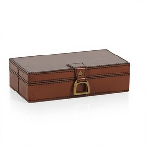 Boîte à bijoux rectangulaire en cuir antique avec couvercle, design classique, détails cousus, couleur marron, boîte de rangement à un niveau, paniers de rangement - Product Image 1