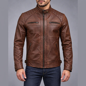 Chaqueta de Motociclista de Cuero Genuino Marrón para Hombre, Cuello Alto con Cremallera, Estilo Biker - Product Image 1