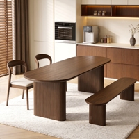 Ensemble de table à manger ovale en noyer massif de style mid-century avec base en piédestal cannelé, construction entièrement en bois massif, 6 chaises de salle à manger