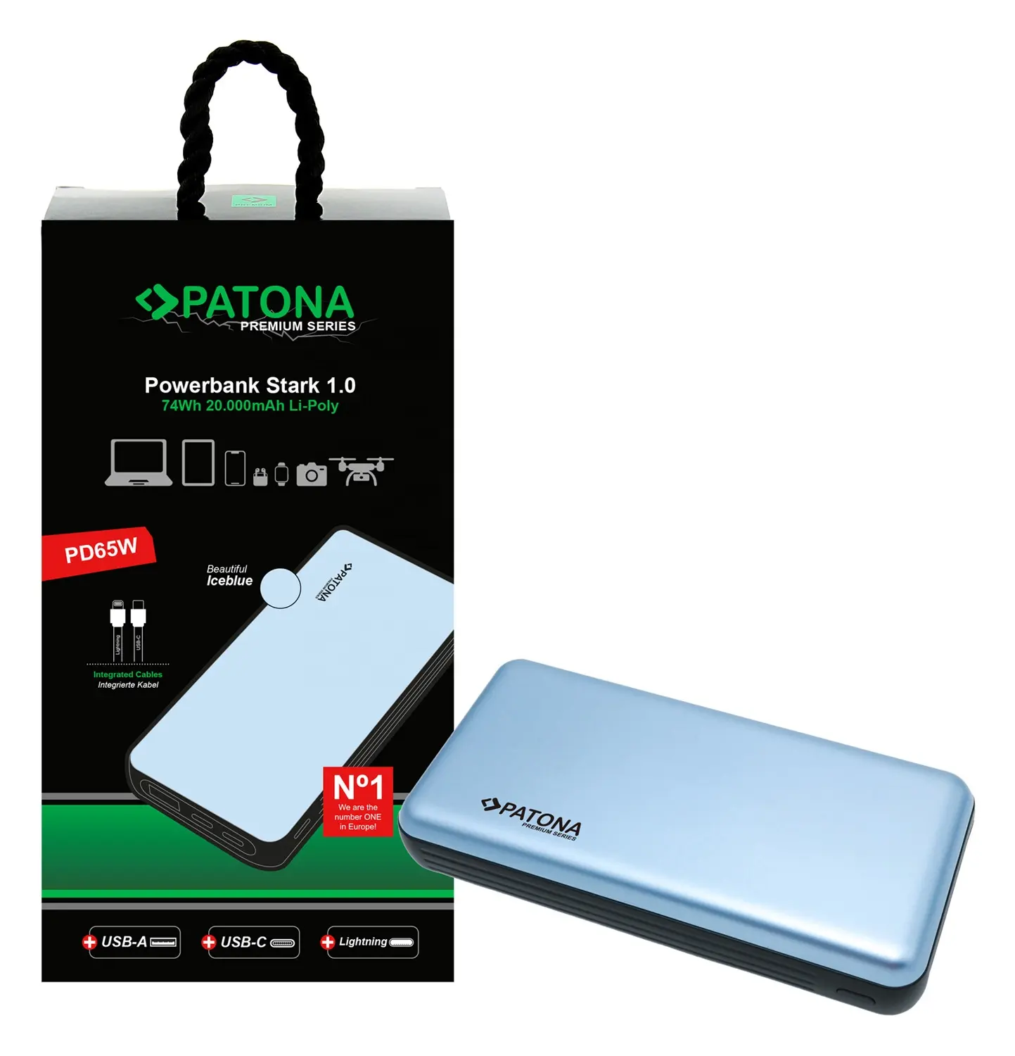 PATONA Premium Powerbank Stark 1.0 PD65W 20.000mAh avec 2 câbles de charge intégrés-USB-C