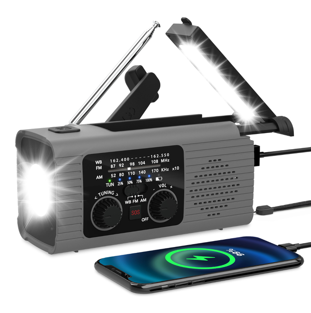 Multi Functional Solar Powered Radio, Hand Cranked Charging Receiver, Emergency Charging, Lighting, Disaster Prevention Radio