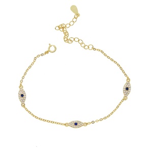 Pulseras de la Suerte Adorables con Cadena Delicada y 3 Dijes de Ojo Turco Chapados en Oro con Circonitas Cúbicas Blancas y Azules - Product Image 2