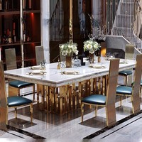 Ensemble de table à manger en marbre de luxe léger, design rectangulaire moderne et minimaliste, 6 places, pieds en métal, imperméable, durable, pour la maison, l'hôtel