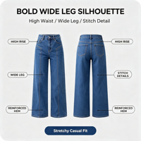 Jean droit taille haute pour femme, avec couture avant, en denim extensible large, bleu foncé, vente en gros usine