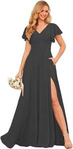 הסיטונאי שיפון חולצת V ruffles שרוול קצר ארוך גב שמלות שושבינה - Product Image 4