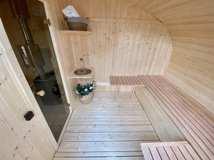 Sauna extérieur en cèdre rouge au design moderne pour 4 personnes, électrique 6KW, vapeur humide, construction écologique, 220V, avec vestiaire et véranda - Product Image 5