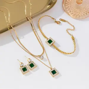 New Jewelry Emerald Square Personality Stainless Steel Necklace Stud Earring Bracelet 3 Piece Set Bridal Wedding Engagement Set