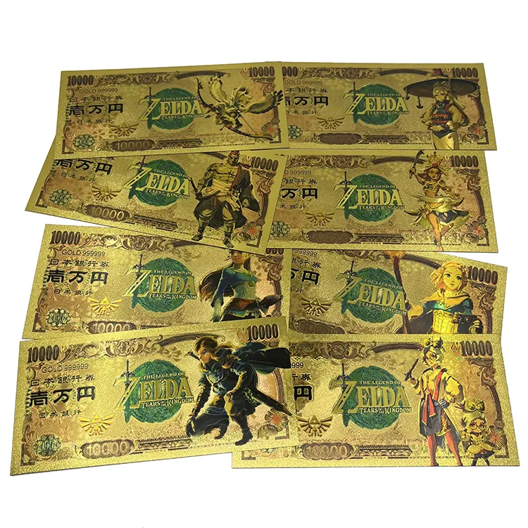 Großhandel komplettes Set Japan Anime Spiel 10000 Yen Rechnungen 24 Karat Goldfolie Banknote Zelda Tränen der Königreich Karte