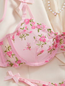 Rose Floral Embroidery Lace Lingerie Set Sexy Sheer Mesh Underwire <b>Bra</b> and Thong Panties Set French Style Underwear Set OEM ODM - Product Image 5