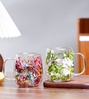 Tasse à eau en verre à double paroi de 250 ml avec poignée, tasse à café en verre avec fleurs séchées, tasses à thé avec fleurs séchées naturelles