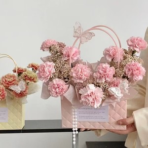 Bolsa de Mano Portátil con Estampado de Macaron, Diseño Floral, de Alta Gama, Impermeable, con Cuadros de Diamantes, Blanca, de Cartón, Cuadrada, Rectangular, Artística - Product Image 4