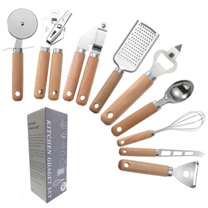 2022 High Quality 9 Pcs Home And Kitchen Accessories Tools Stainless Steel Cookware Utensil Gadgets Set With Wooden Handle