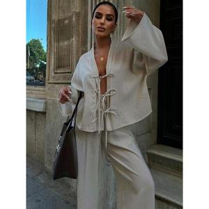 女性用夏カジュアル織り無地通気性長袖ネクタイフロントシャツパンツツーピースセット - Product Image 2