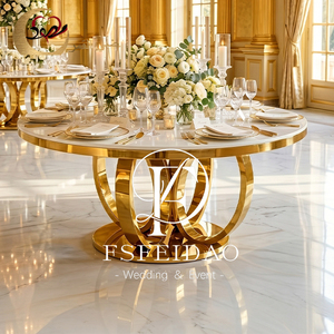 Mesa de comedor moderna redonda con tablero de MDF y patas de metal dorado para el comedor del hogar. - Product Image 4