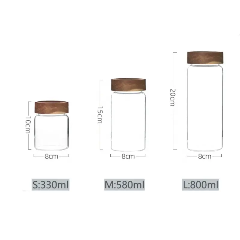 हाथ-से उड़ा Borosilicate ग्लास कनस्तर बबूल की लकड़ी के लिए ढक्कन के साथ चीनी चाय कॉफी बीन्स कैंडी मसाला ग्लास जार ढक्कन के साथ जार