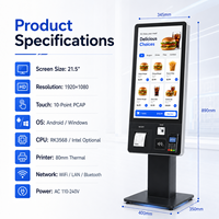 Kiosque de commande automatique pour café-boulangerie avec écran tactile, menu personnalisé, fonctions de coupon, paiement par carte, imprimante de reçus, Intel Core i5, sur pied