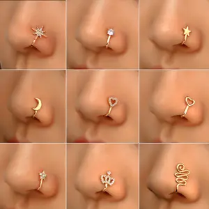 Groothandel Fashion Gouden Hart Ster Zirkoon Faux Piercing Sieraden Neus Manchetten Clip Op Scharnierende Gouden Neus Ringen