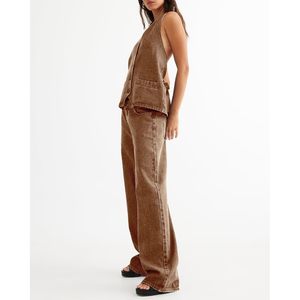 Ensemble en jean pour femme Fisoew, débardeur dos nu boutonné et jean à jambes larges, tenue 2 pièces - Product Image 3