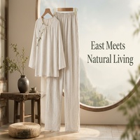 Ensemble pyjama 2 pièces pour femmes HDS404 en coton et lin, peint à la main, style chinois, manches longues, pantalon long, vêtements de détente