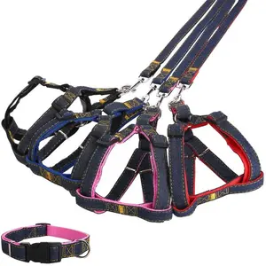 Stocks Different Sizes Dog Accessories Set Cowboy Fabric Pet Leash Collar Harness Dog Combination Wholesale