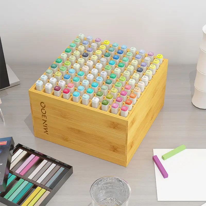 Organisateur de marqueurs en bambou pour 100 marqueurs Art Supply Storage Coloriage Stylos Organisateur Rack