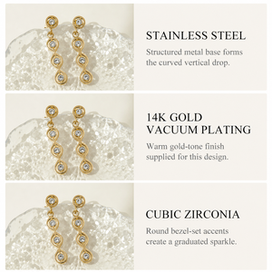 Boucles d'oreilles pendantes à bord ondulé en acier inoxydable plaqué or 14 carats sous vide avec zircon cubique - Product Image 4