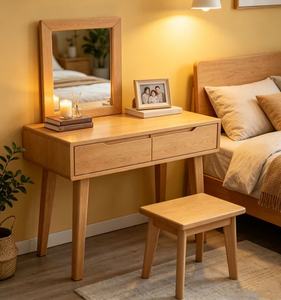 Scandinavian Solid Oak Makeup Vanity With Mirror And <b>Storage</b> Drawers <b>For</b> Bedroom - Product Image 6