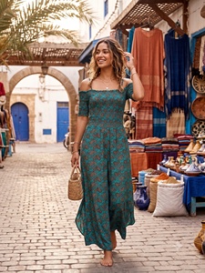 Mono largo bohemio con hombros descubiertos, vestido casual con estampado floral, ajuste holgado, de seda tejida, para verano, ecológico, corte A, estilo Y2K para mujer - Product Image 5
