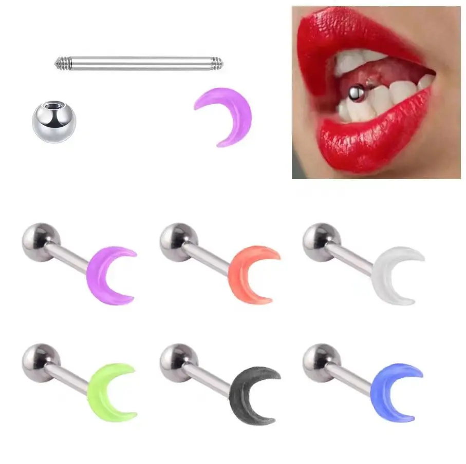 Fashion Colorful Barbell Moon Tongue Nails Piercing Body Stud Piercing Accessories Stainless Steel Acrylic Moon Tongue Rings