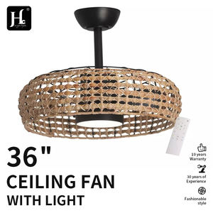 Ventilateur de plafond LED en rotin tressé avec lumière, style vintage, lampe suspendue simple pour la décoration du salon ou du bar - Product Image 2