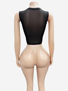Completo due pezzi da donna con top corto in rete con strass e scritta, pantaloncini biker in rete trasparente, senza maniche, collo alto, set da club trasparente - Product Image 6