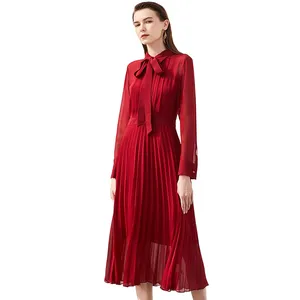 Custom 100% Silk Solid Dress 2023 Spring Summer The Latest Silk Pleated Shirt Skirt Women Bow Square Collar Dress