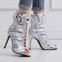 Bottes pour femmes 2026, nouvelles chaussures de danse latine en cuir verni argenté, grandes tailles 34-46, talons très hauts, salsa, à lacets