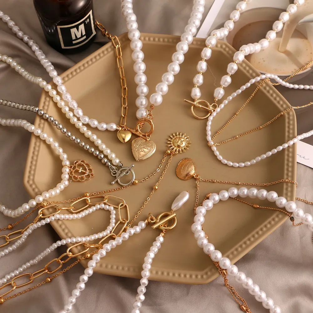 Colar de pérolas banhado a ouro vkme, colar vintage elegante de pérolas, gargantilha de casamento, pingente para mulheres, colares de miçangas