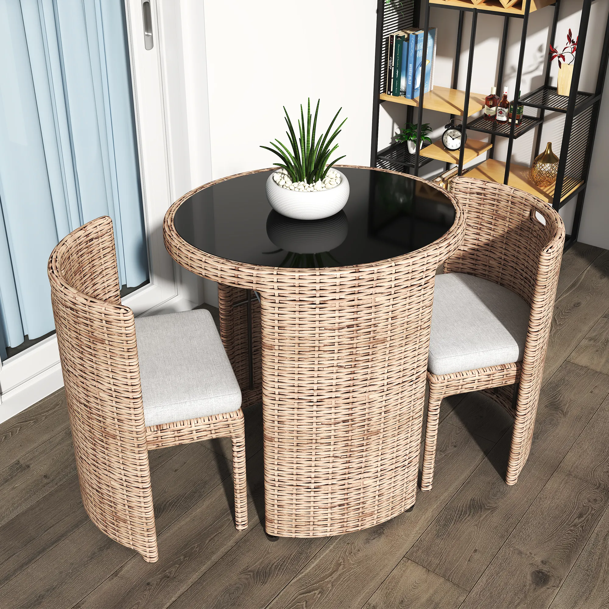 Fulin hochwertige Patio Balkon Möbel 3 Stück Rattan Outdoor Cafe Tisch und Stühle Set für 2