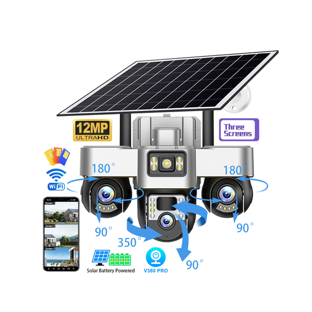 12MP IP66 Panoramic Triple Len Three Screen Simultaneous Display 4G Wifi PTZ CCTV Surveillance Monitoring Security Solar Camera