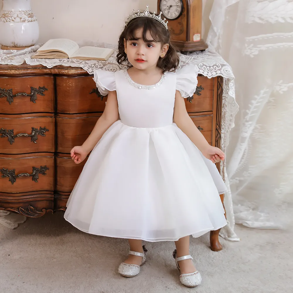 فستان أطفال أبيض للمعمودية من Meiqiai فستان شيفون للأطفال بتصميمات زهور فستان زفاف L2005XZ