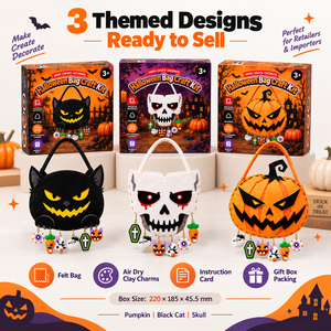 Kit de manualidades de Halloween DIY para niños: Bolsa de fieltro con dijes de gato negro, calavera y calabaza, y arcilla de secado al aire. Bolsa para dulces de Trick or Treat. Set de regalo OEM. - Product Image 2
