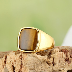 Bague en acier inoxydable unisexe, motif carré noir simple, pierre naturelle, vente en gros de bijoux pour le commerce extérieur, en stock - Product Image 3