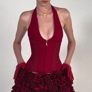 Top Halter Tendance Y2K pour Femmes - Dos Nu Col en V Coupe Ajustée Bretelles à Nouer Détail Zip Sexy Tank - Product Image 3