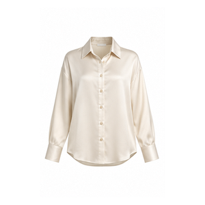 Cream <b>Satin</b> Shirt and <b>Trousers</b> Set Long Sleeve Collared Blouse Wide Leg Pants Office Wear - Product Image 3