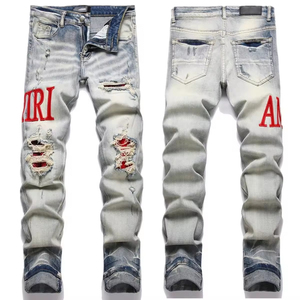 Factory Wholesale Customized Brand Logo High Quality Amiriy Distressed Patch Embroidered Stretch Skinny <b>Jeans</b> for Men - Product Image 1