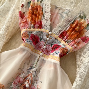 Váy dài in họa tiết cổ sâu tay phồng eo phối nút nữ thời trang mùa xuân - Product Image 4