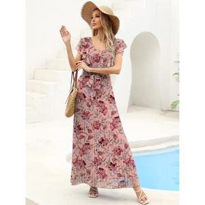 Vestido Maxi de Gasa con Cuello en V, Manga con Volantes, Estampado Floral, Plisado, Cintura Imperio, Estilo Bohemio, para Fiesta de Verano, Invitada de Boda, Corte A Fluido - Product Image 4