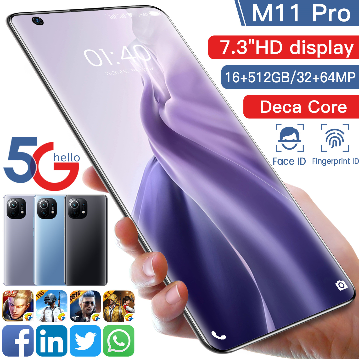 M11 Pro 16 ГБ + 512 ГБ 7,3 дюйма поддерживает Smart будильника Wake-up с функцией распознавания лиц экрана отпечатков пальцев, две SIM карты, 5G смартфон мобильный телефон