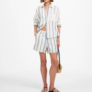 ชุดลำลองชายหาดผ้าลินินแฟชั่นใหม่สำหรับฤดูร้อน ขายส่ง เสื้อแขนยาวพร้อมกางเกงขาสั้นลายทาง ชุดเซ็ต 2 ชิ้นสำหรับผู้หญิง ระบายอากาศได้ดี - Product Image 5